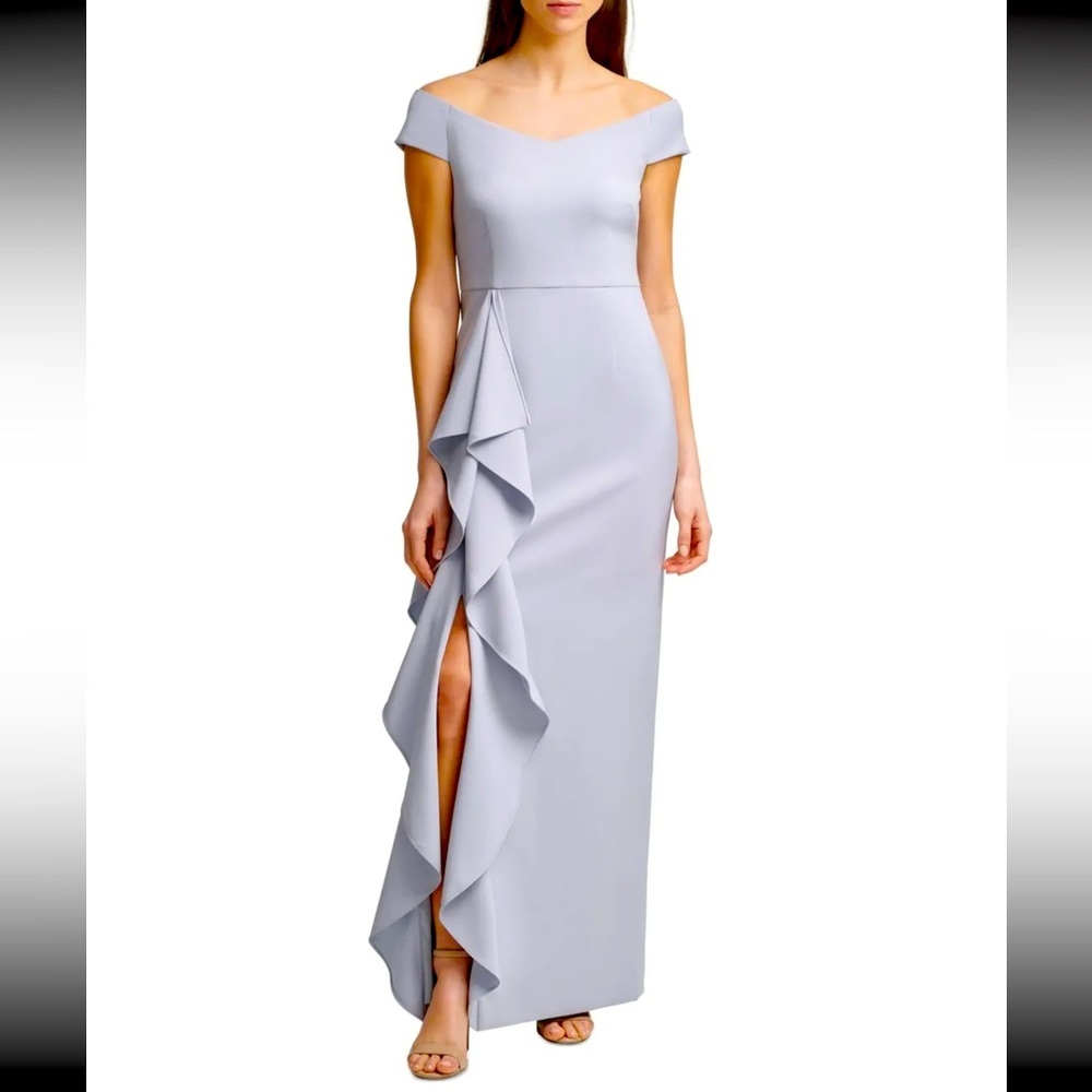 VINCE CAMUTO Formall Dress Size 6 Gray Ruffled Slitted Short Sleeve Off Shoulder